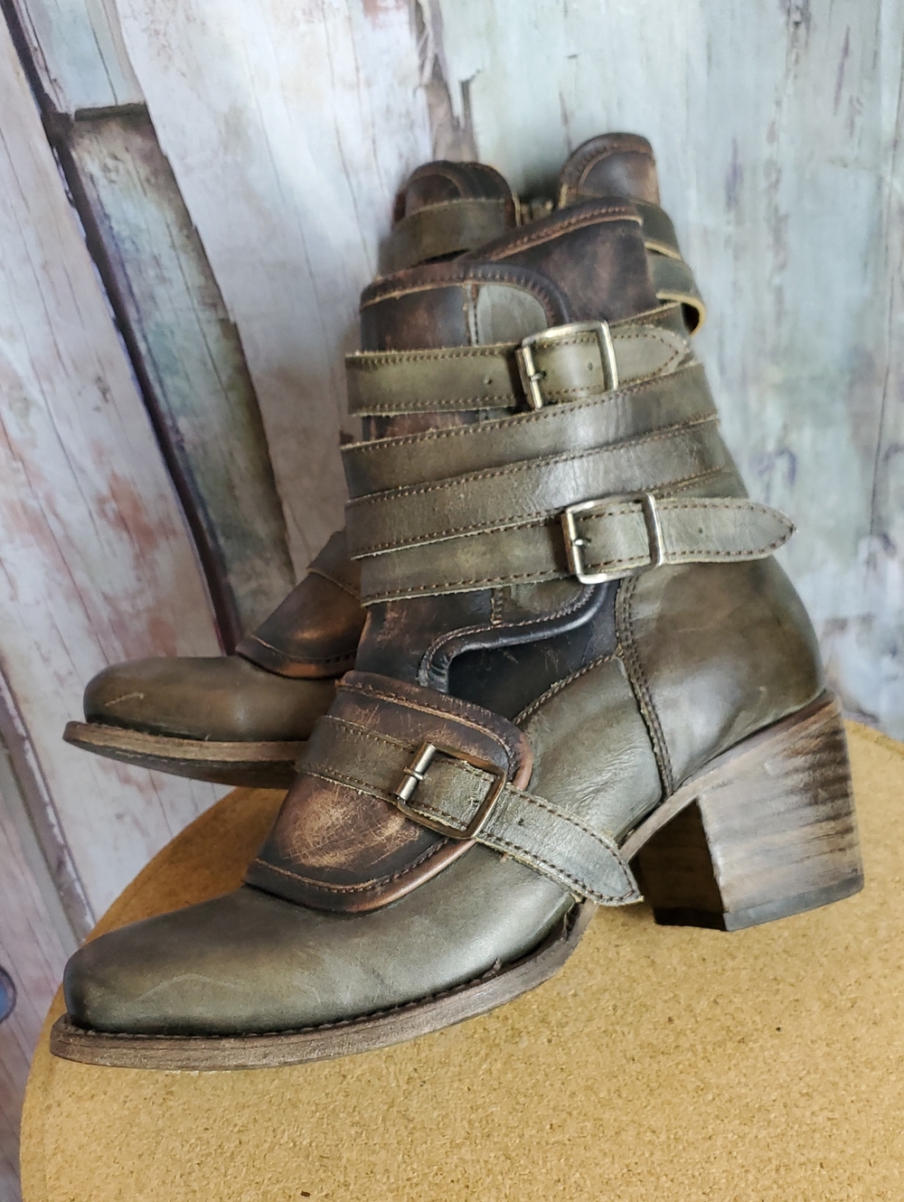 Freebird by Steven Olive Green Distressed Leather Strapped Ankle Boots - Picture 3 of 6
